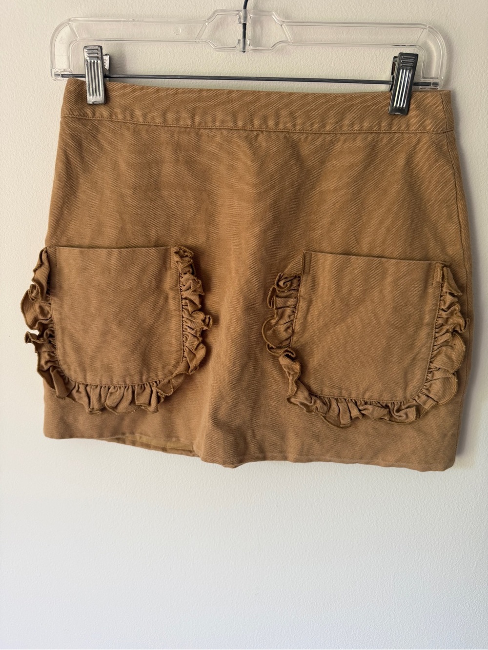 Loeffler Randall Mini Skirt with Ruffle Patch Pockets — Camel Brown